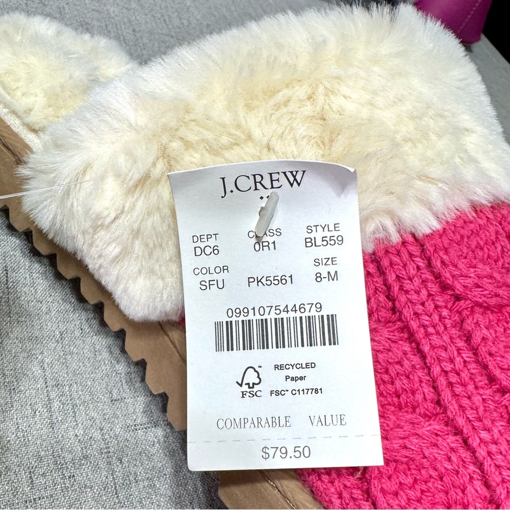 J. Crew Slippers Pink Cable Knit Fur Slippers Size 7 8 9 NWT - Picture 11 of 16